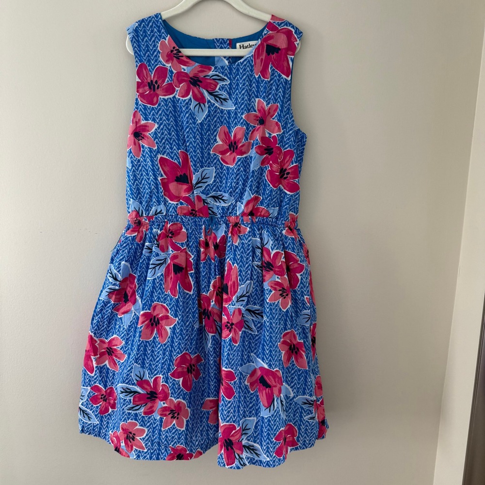 Hatley Girls Blue Chevron Pink Floral Cotton Fit and Flare Dress Size 12